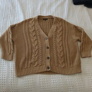 Quince Cardigan Sweater Button Fishermans Cable Knit Oversized Small Camel Brown